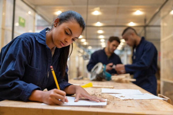 Happy Latin American female furniture designer drawing a sketch at a carpentry workshop