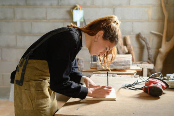 Craftswoman with apron leaning on the table and writing in a notebook in a sunlit workshop during the day. Entrepreneurial woman